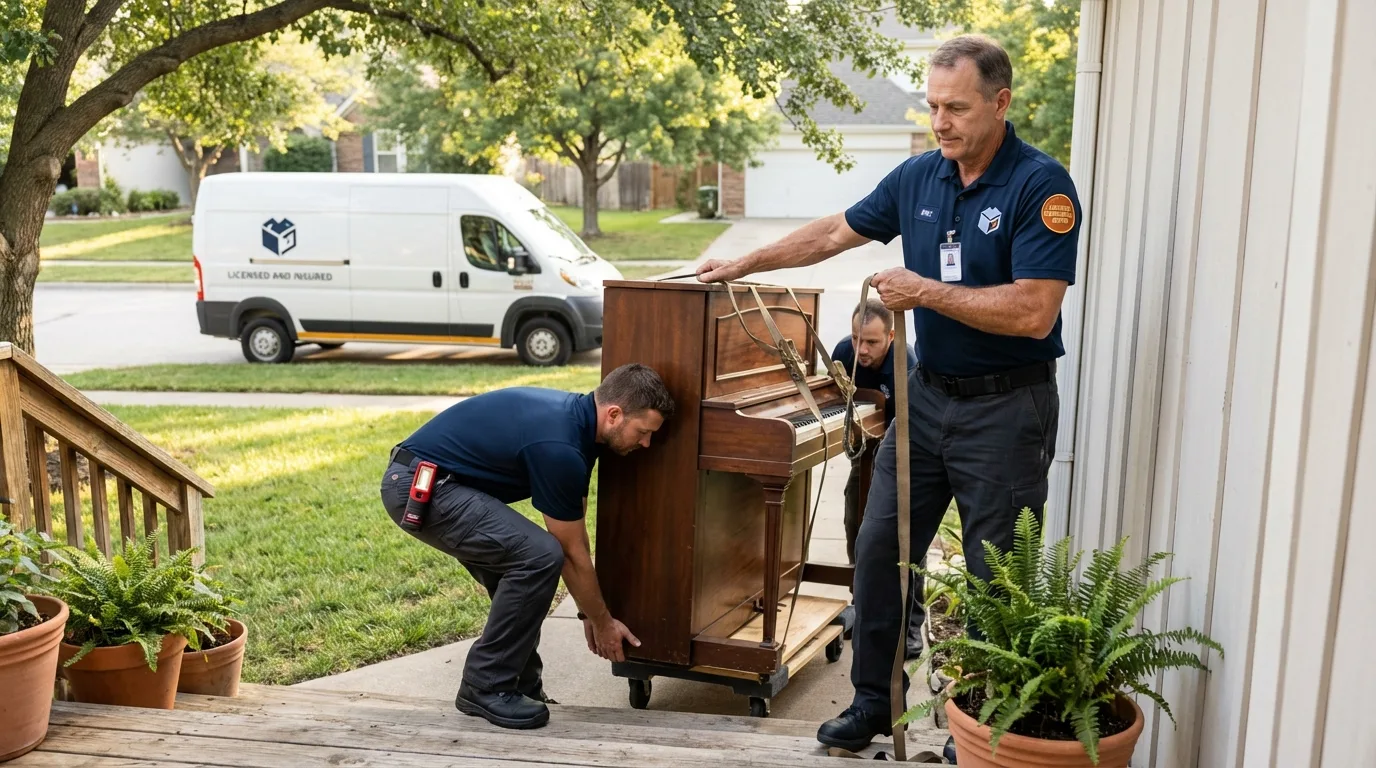 Licensed piano movers securing grand piano in Greenville, NC