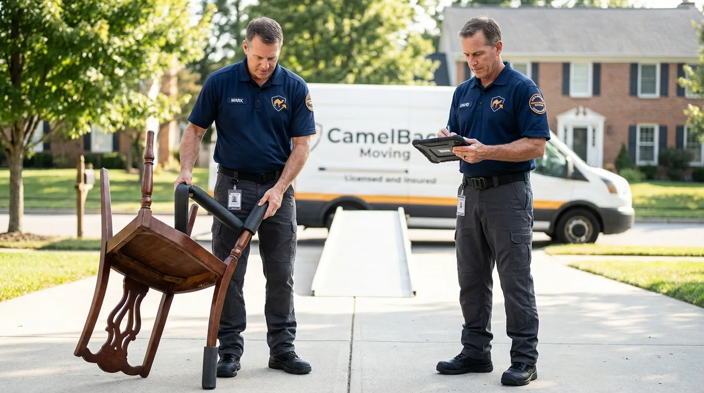 Movers inspecting furniture for damage prevention before loading in Greenville, NC