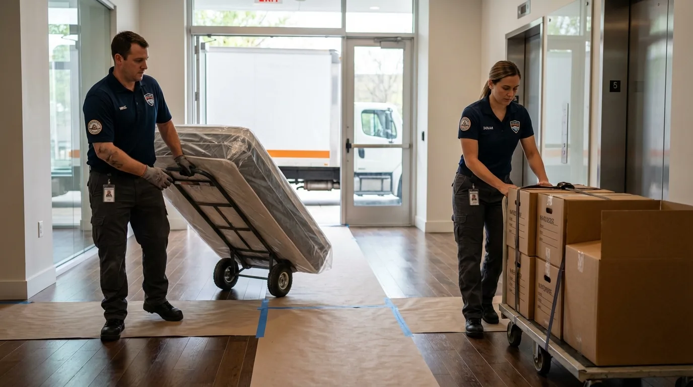 Professional apartment movers loading elevator in Greenville, NC