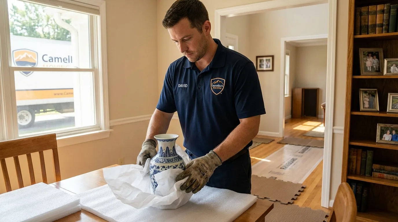 Professional crew carefully wrapping antique vase for senior downsizing move in Greenville, NC